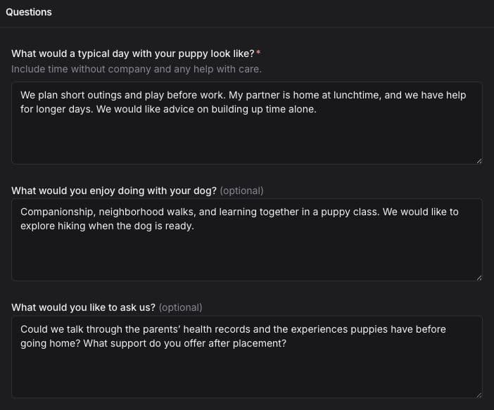 Buyer-facing application question section with Alex’s example answers about daily care, activities together and questions for the breeder.