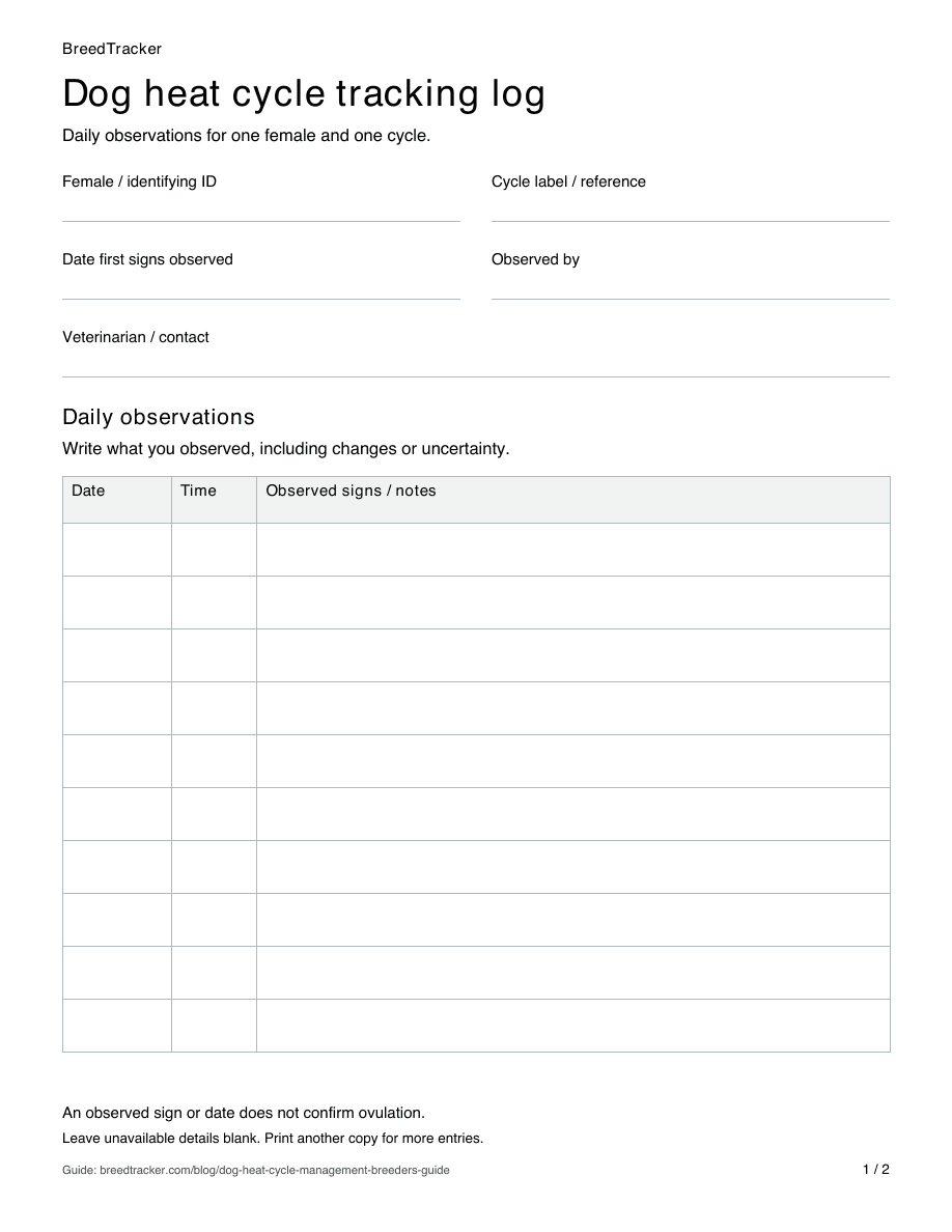 First page of the dog heat cycle tracking log, with female and cycle details above a blank daily-observations table