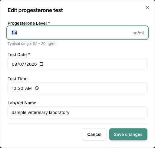 Reopened BreedTracker progesterone test with a saved value of 1.4 ng/mL, September 7 sample date, 10:20 AM time and Sample veterinary laboratory name.