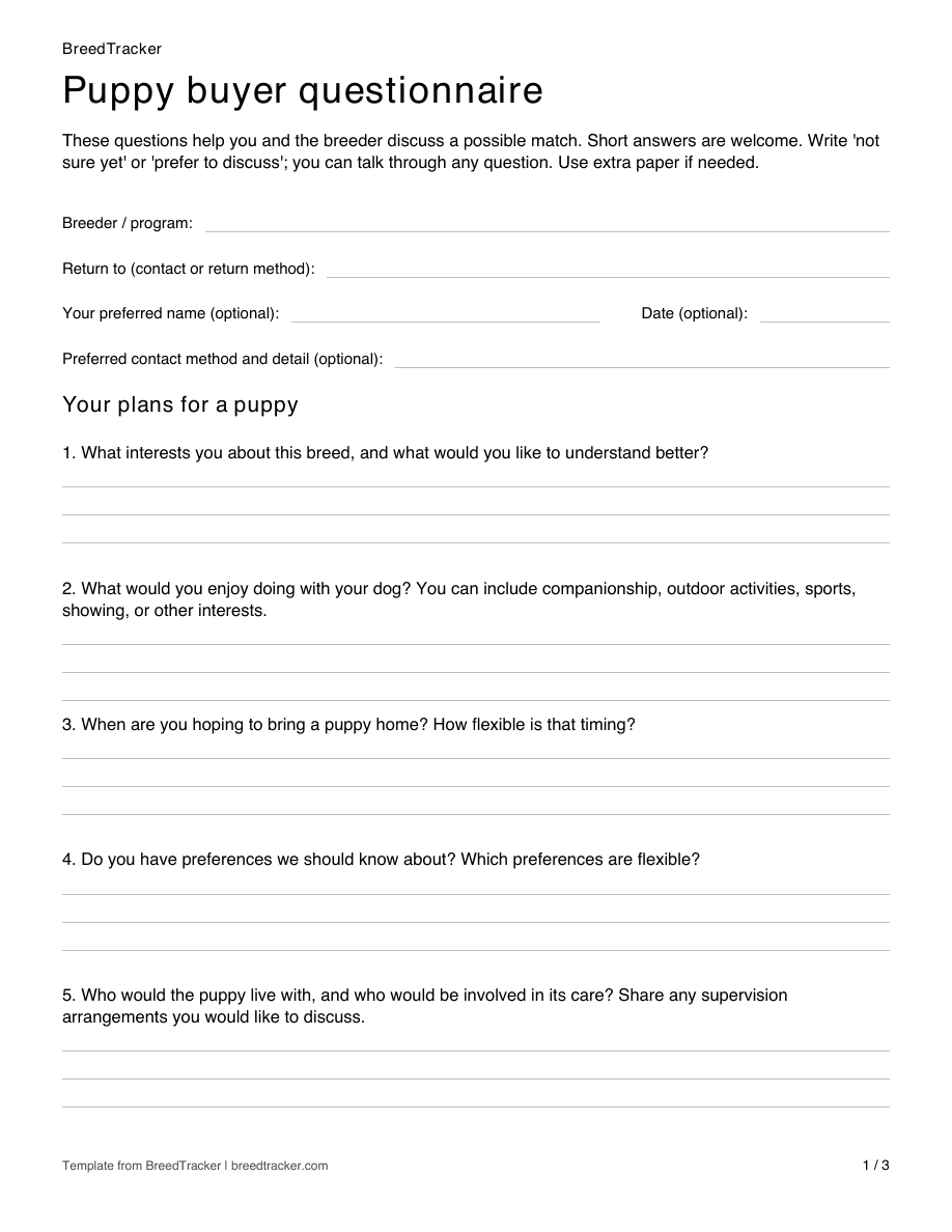 First page of the puppy buyer questionnaire, with space for contact details and written answers about plans for a puppy