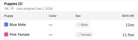 Synthetic BreedTracker example: detail of the saved Puppies table showing the same Blue male and Pink female with their recorded weights