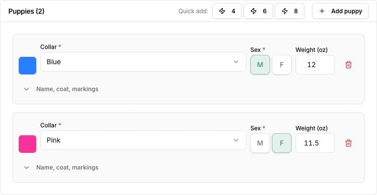 Synthetic BreedTracker example: puppy birth entries for a Blue collar male at 12 ounces and a Pink collar female at 11.5 ounces