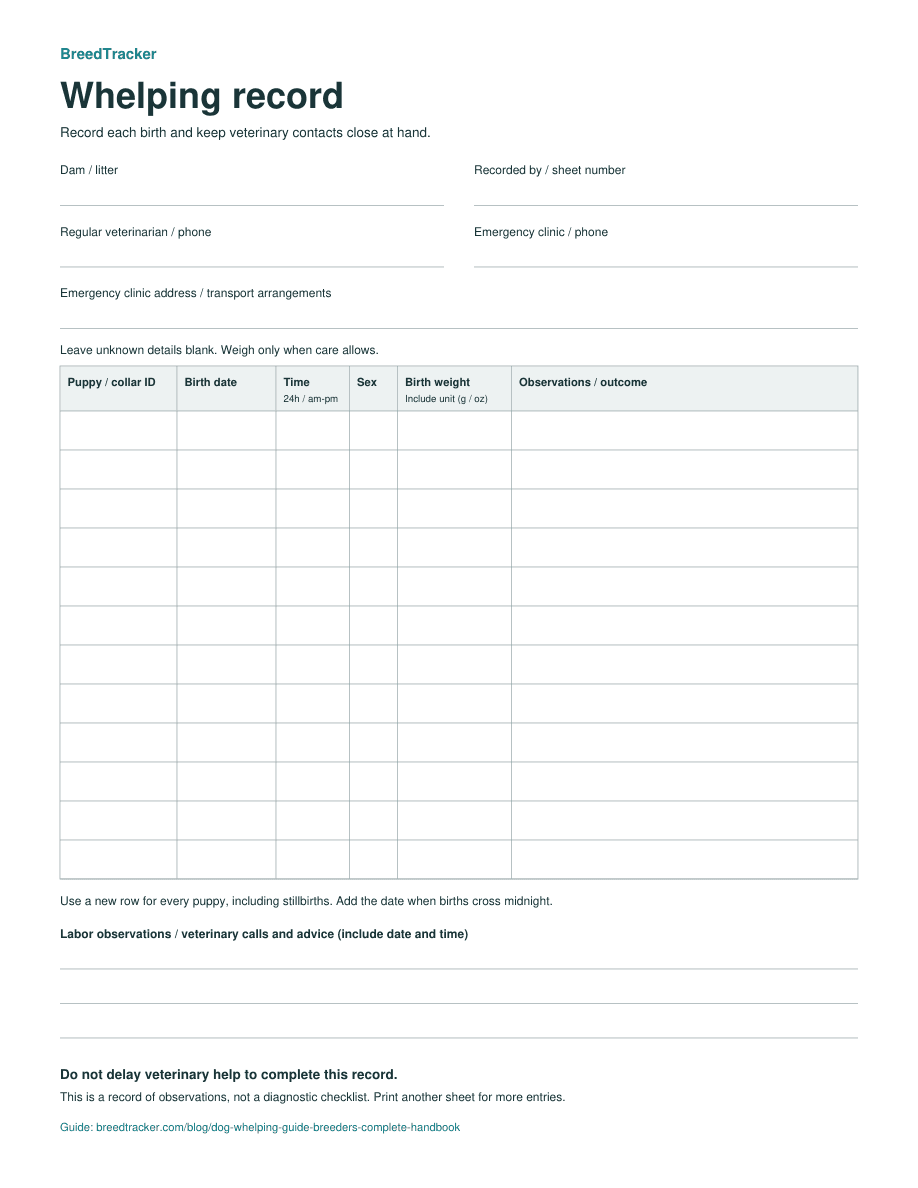 Preview of the blank whelping record with veterinary contacts and rows for observed birth details