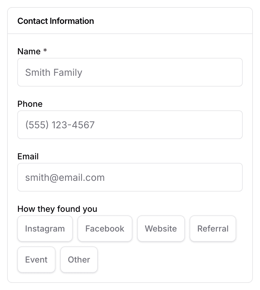 The top of the Add Customer form: the Name, Phone and Email fields, over the How they found you chips.