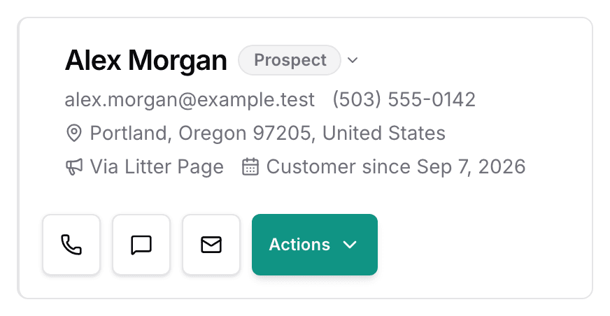 The top of a customer page: their name beside the Prospect badge, their contact details, and the Call, Text, Email and Actions buttons.