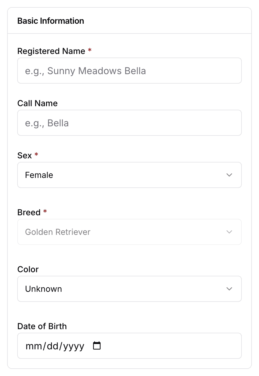 The Basic Information card on the Add Dog page: Registered Name, Call Name, Sex, Breed, Color, and Date of Birth.
