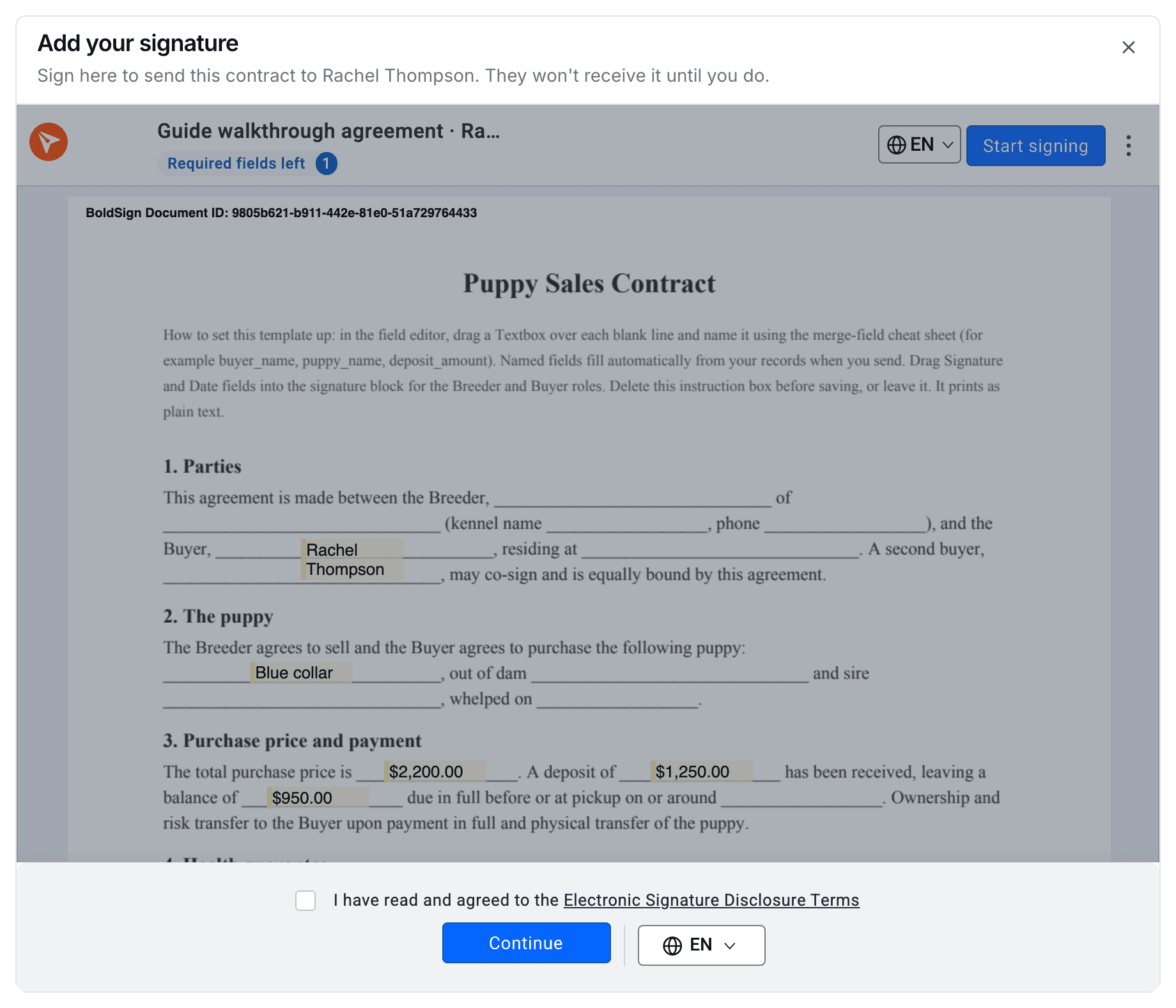 The Add your signature window: the contract with its filled boxes, and the electronic signature disclosure to accept before signing.