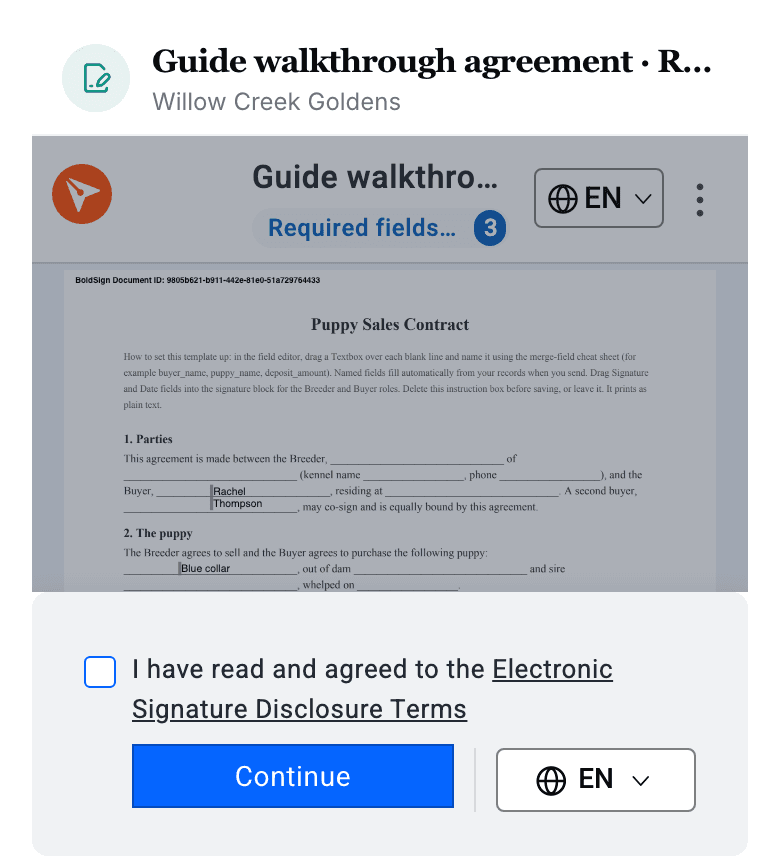 The buyer's signing page on a phone: the contract title over the kennel name, the contract itself, and the disclosure to accept.