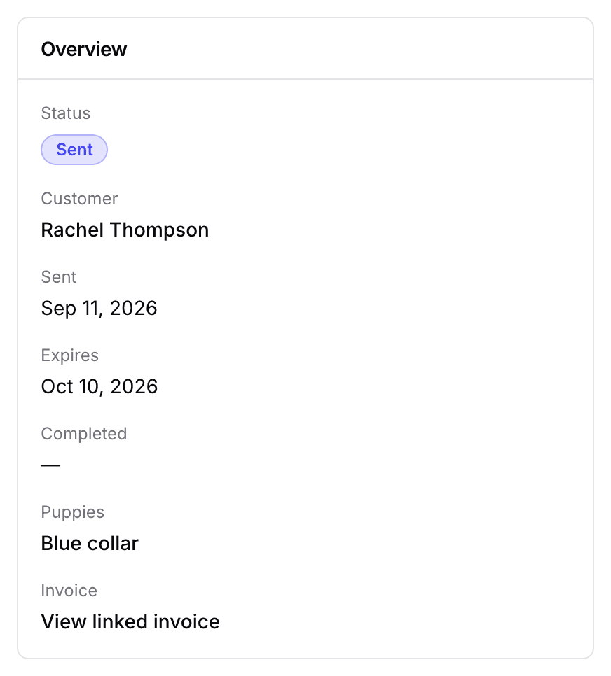 A sent contract's Overview card: the Sent badge, the customer, the date it went out, and when it expires.