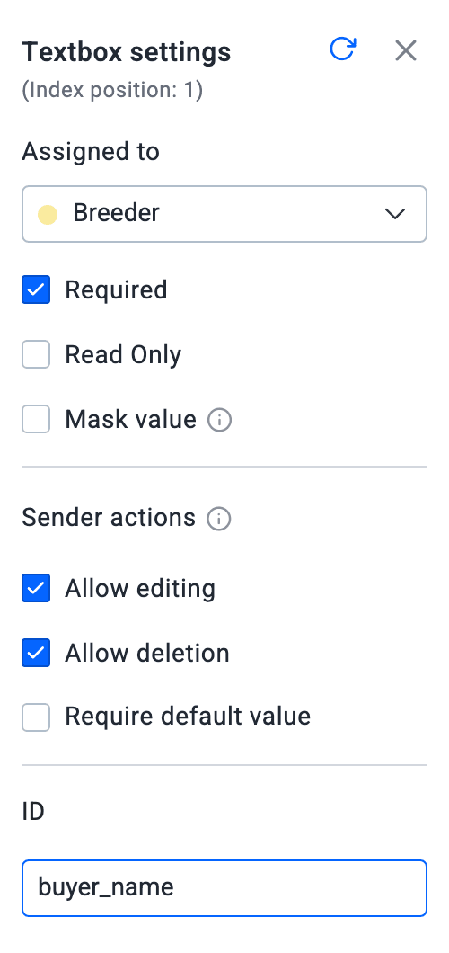 A text box's settings panel: who it is assigned to, Required and Read Only, and the ID box filled in with buyer_name.