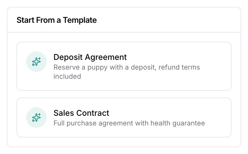 The Start From a Template card in Settings, with the two starter cards: Deposit Agreement and Sales Contract.