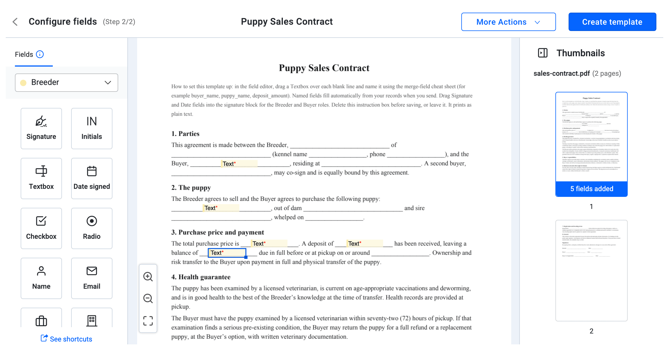 The contract field editor: the recipient list and field palette on the left, and five text boxes placed on the blank lines of a starter contract.