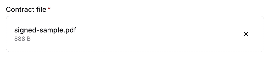 The Contract file step of the upload form, with a chosen PDF and its size on it.