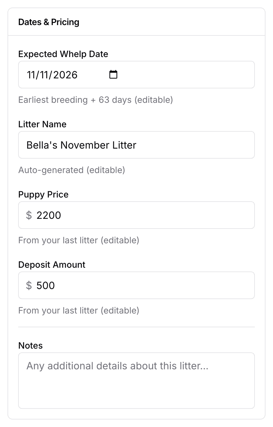 The Dates & Pricing card on the new litter form: the expected whelp date, the suggested litter name, the puppy price and deposit, and notes.