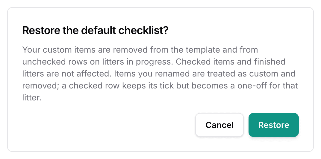 The Restore the default checklist? confirm: what a restore takes off the template and off litters in progress, with Cancel and Restore.