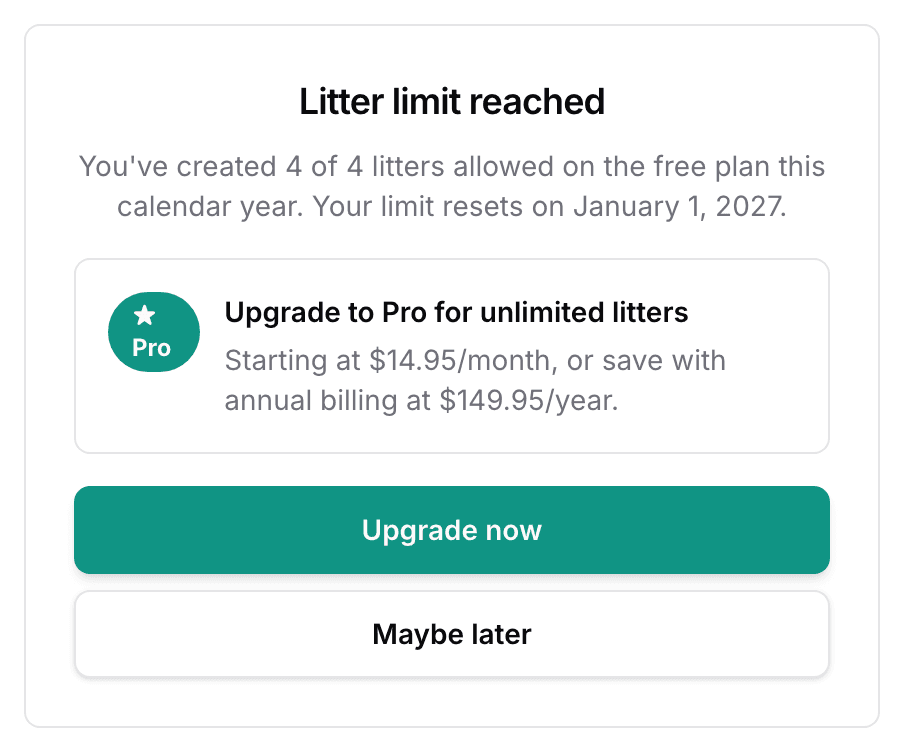 The Litter limit reached dialog: 4 of 4 litters created, the date the limit resets, and the Maybe later and Upgrade now buttons.