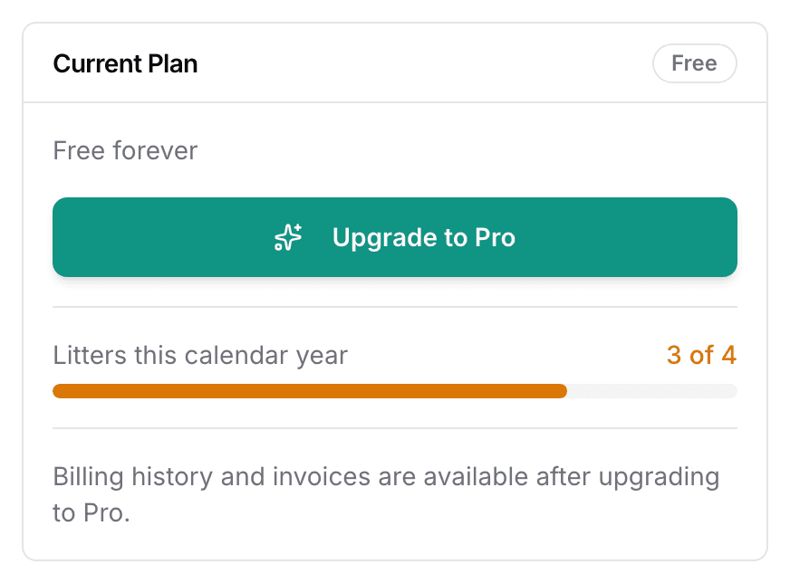 The Current Plan card on the Billing page. Its Litters this calendar year row reads 3 of 4 in amber, over a bar three quarters full.