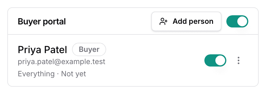 The Buyer portal card on a customer page, listing the buyer with what they see, their last visit, and an access switch.