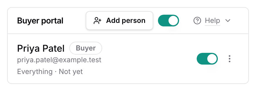 The Buyer portal card on a customer page, listing the buyer with what they see, their last visit, and an access switch.