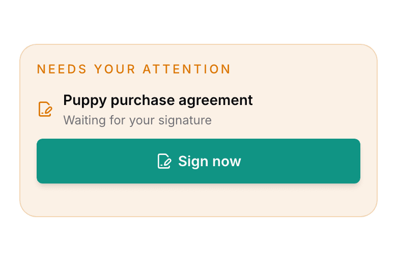 The buyer portal's Needs your attention band, with the unsigned contract, Waiting for your signature, and a Sign now button.
