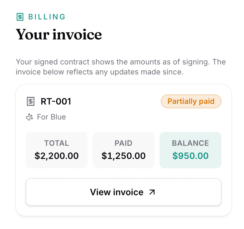 The buyer portal's invoice card: the number, its status, the puppy, and Total, Paid and Balance over a View invoice button.