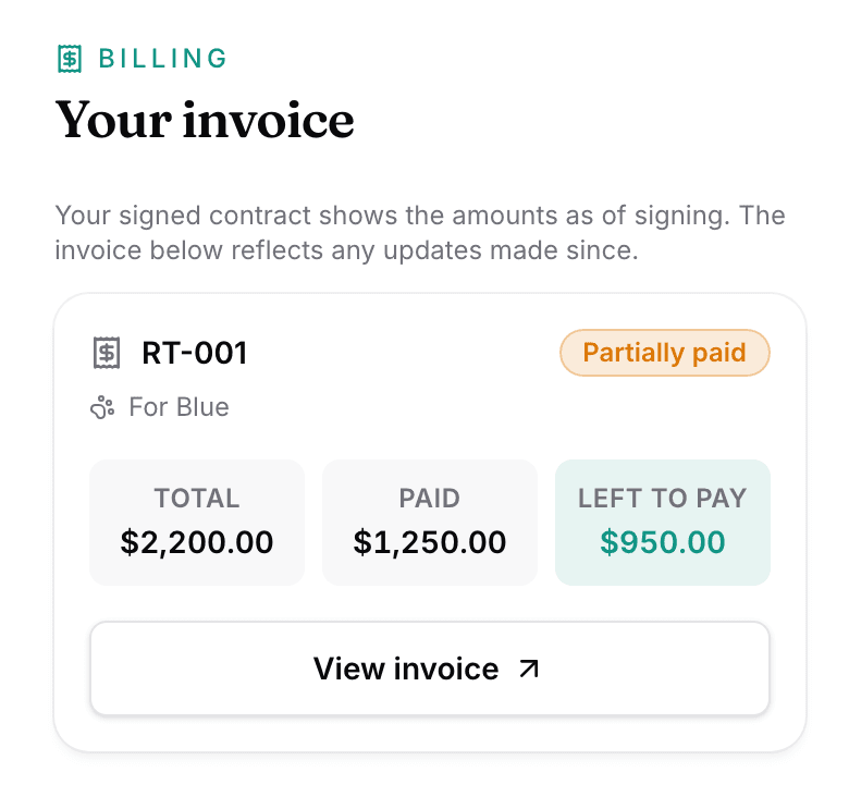 The buyer portal's invoice card: the number, its status, the puppy, and Total, Paid and Left to pay over a View invoice button.