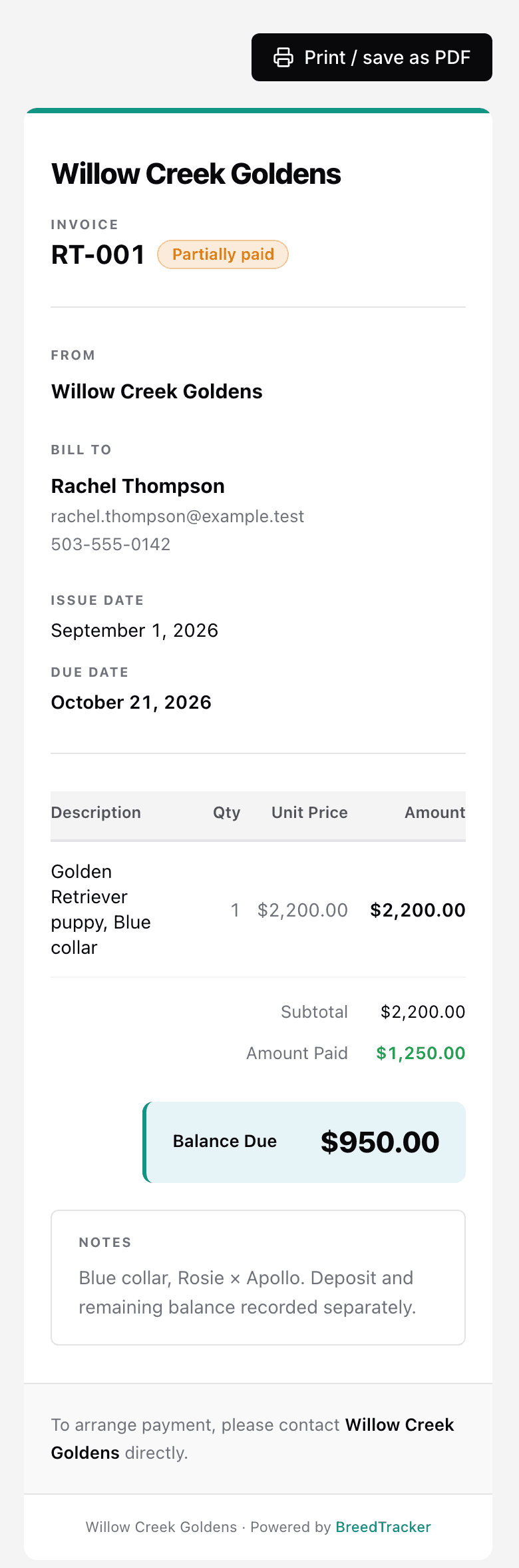The public invoice page on a phone: the kennel name, the invoice number, From and Bill To, the items, and the balance due.