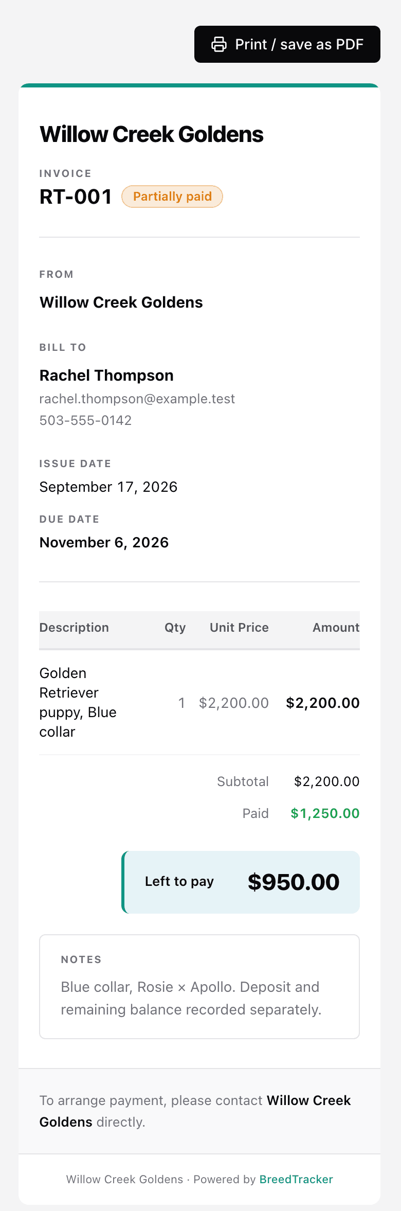 The public invoice page on a phone: the kennel name, the invoice number, From and Bill To, the items, what was paid, and what is left to pay.