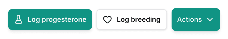 The top of a heat page with the Log progesterone and Log breeding buttons.