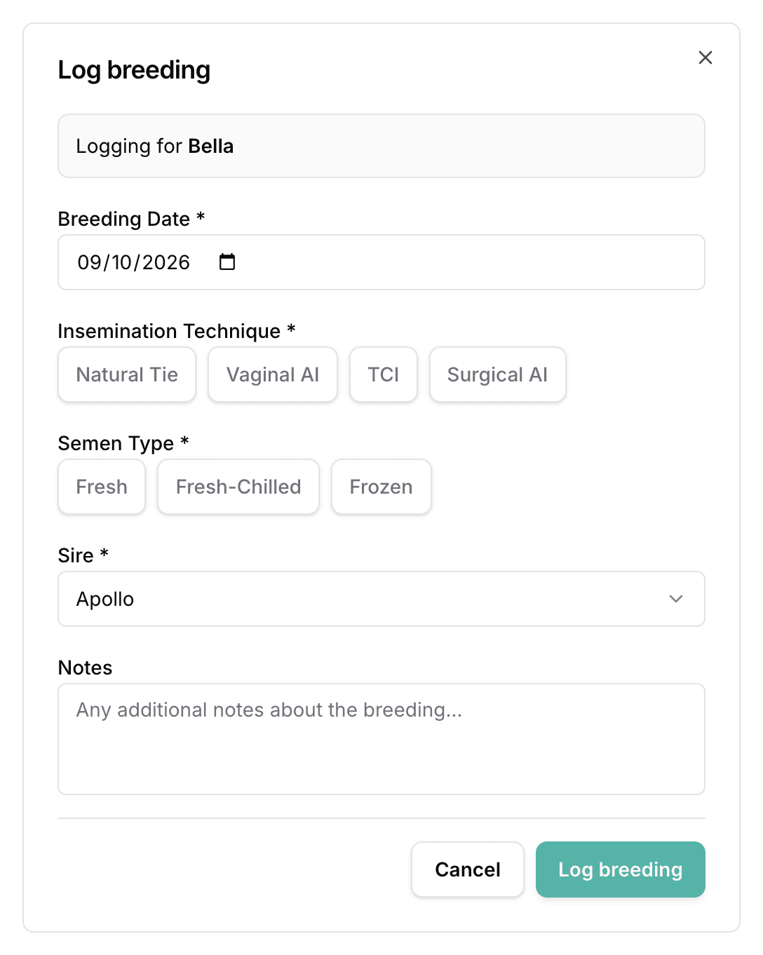 The Log breeding dialog, with fields for the breeding date, insemination technique, semen type, and sire.