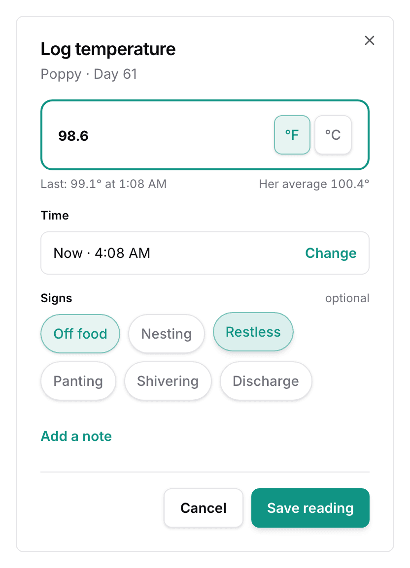 The Log temperature sheet: a large temperature field reading 98.6 with °F selected, the time set to now, and Off food and Restless selected under Signs.