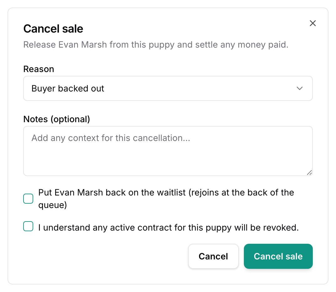 The Cancel sale dialog: the Reason picker, a notes box, the waitlist checkbox, and the contract acknowledgement.