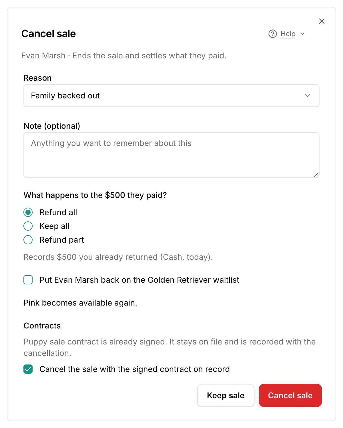 The Cancel sale dialog: Family backed out as the reason, Refund all chosen for the $500 paid, the waitlist box, and the signed contract under Contracts.