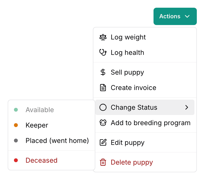 A puppy's Actions menu, open with Change Status expanded: Available, Keeper, Placed (went home), and Deceased.