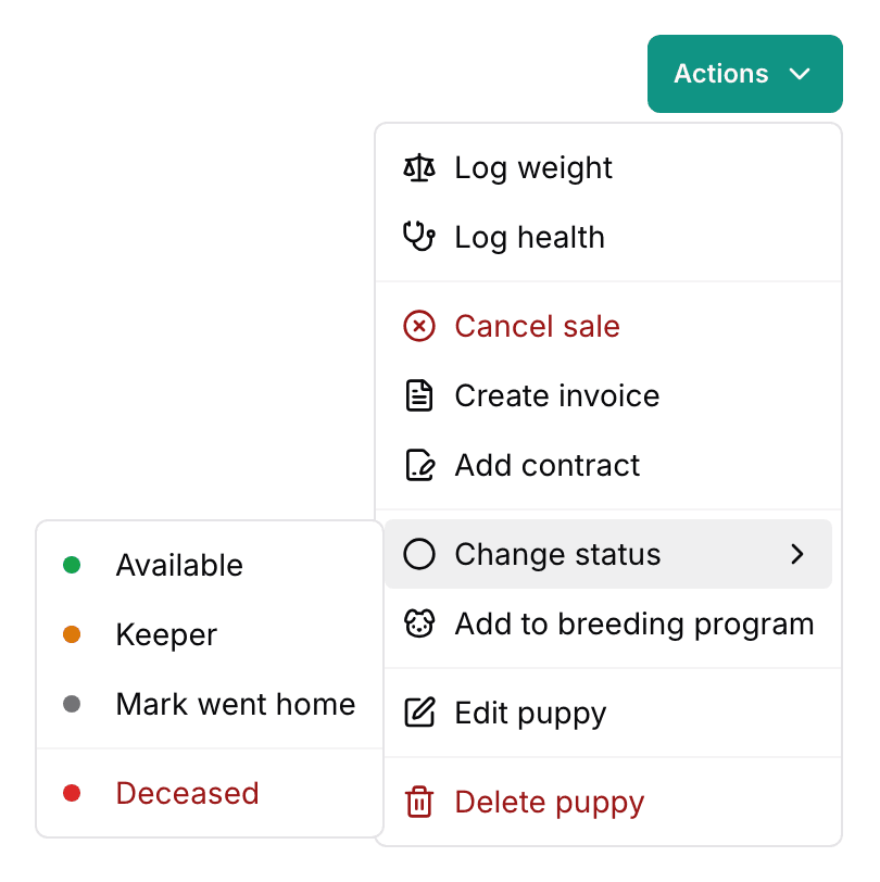 A sold puppy's Actions menu, open with Change status expanded: Available, Keeper, Mark went home, and Deceased.