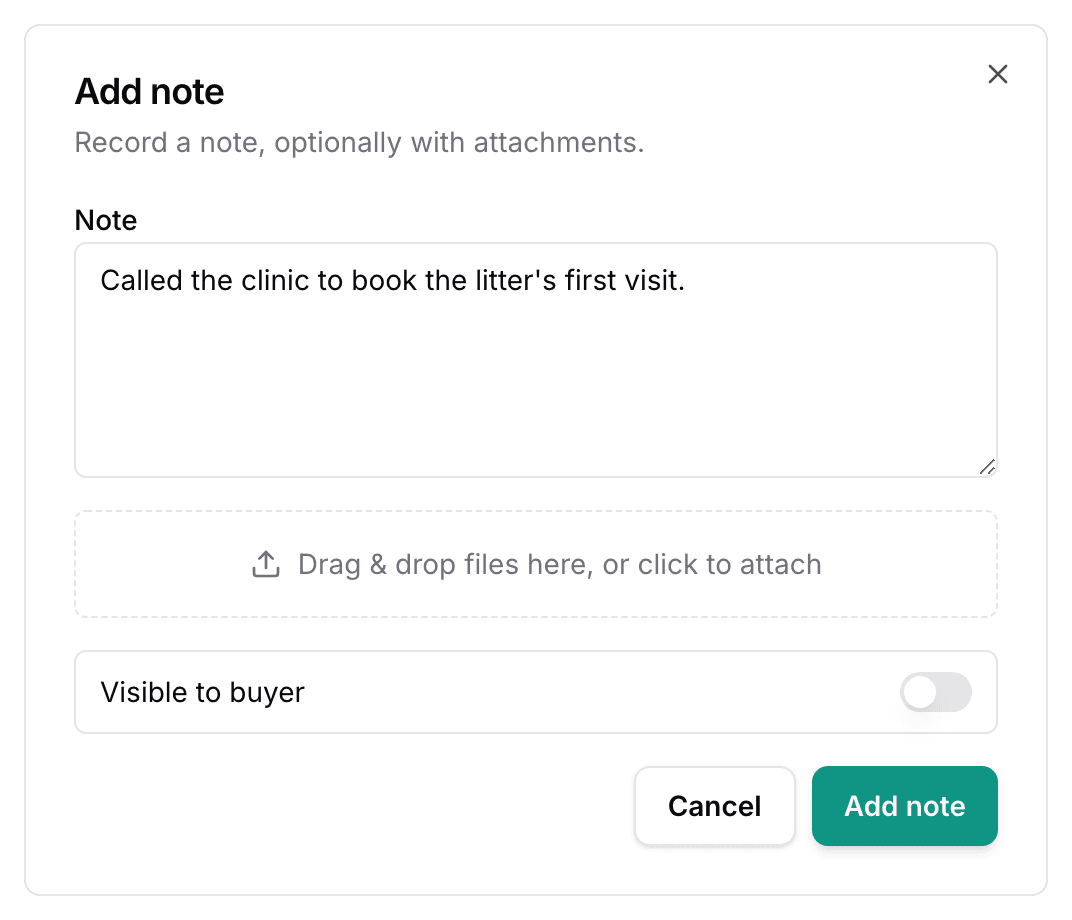 The Add note dialog: a typed Note, the drag and drop attach area, and a Visible to buyer switch above Cancel and Add note.