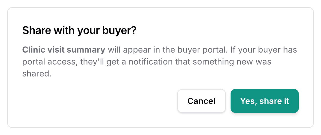 The Share with your buyer? dialog: the file name, what the buyer portal will show, and the Yes, share it button.