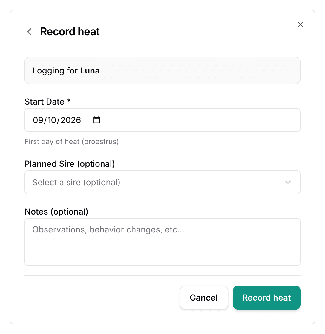 The Record heat form, showing the dog it is for, the start date, an optional planned sire, and a notes field.