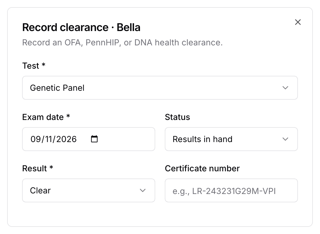 The Record clearance form for a dog: the Test, the exam date, Results in hand, the Result set to Clear, and the certificate number box.