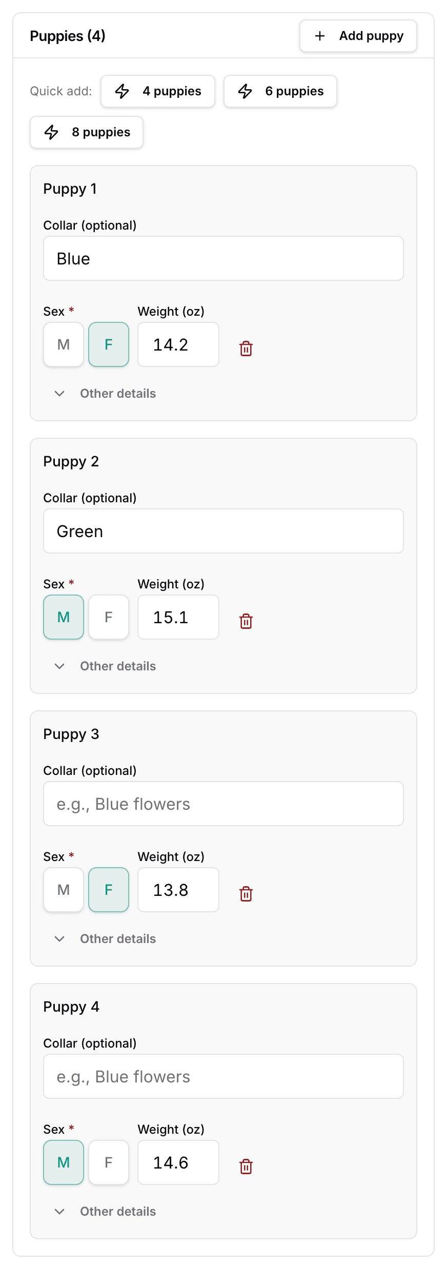 The Puppies card during whelping, with Quick add and individual puppy cards for sex, birth weight, and optional identifying details.