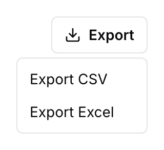 The Export button at the top of a report with its menu open, showing Export CSV above Export Excel.