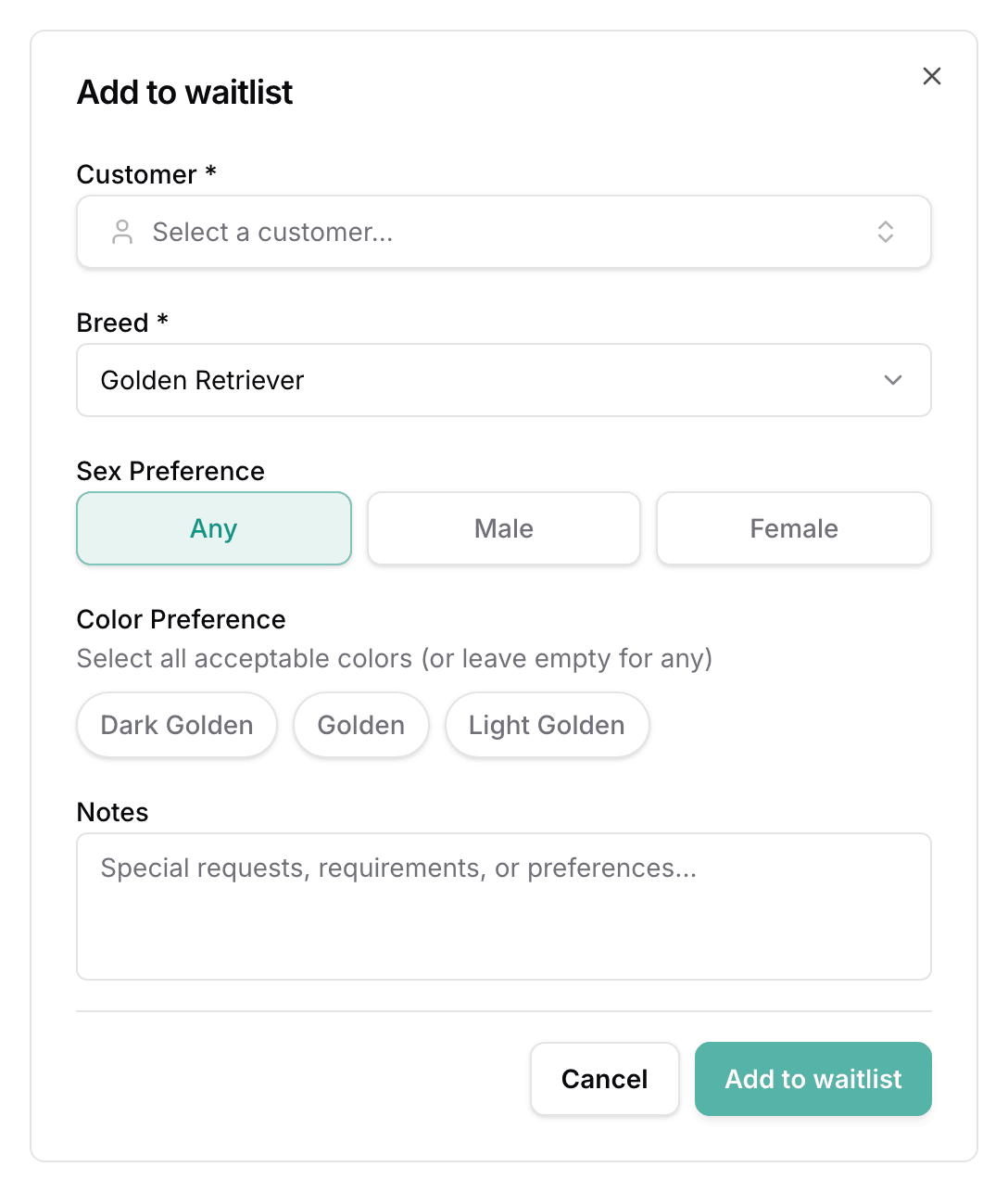 The Add to waitlist form: the customer picker, the breed, the Sex Preference and Color Preference chips, and a notes box.