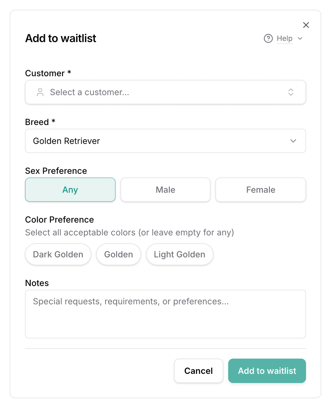 The Add to waitlist form: the customer picker, the breed, the Sex Preference and Color Preference chips, and a notes box.