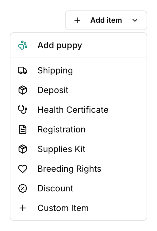 The Add item menu on a new invoice, open: Add puppy at the top, then Shipping, Deposit, Health Certificate, Registration and the other charges.