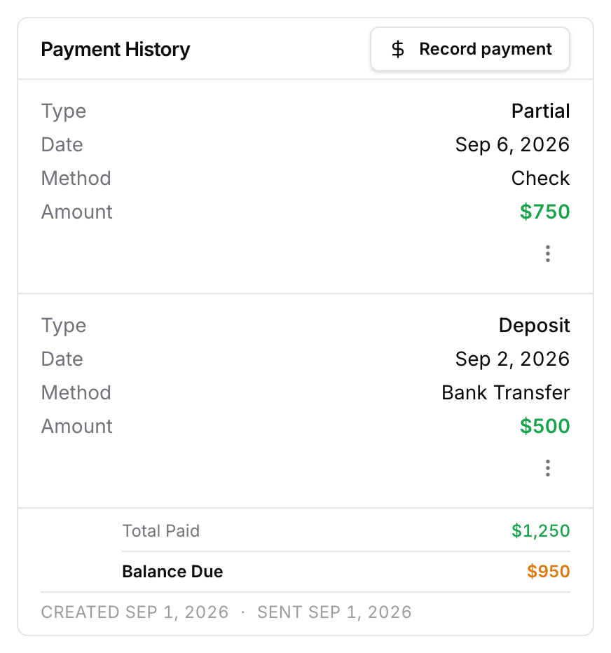 The Payment History card on an invoice, listing each payment by type, date, method, and amount, over the total paid and balance due.