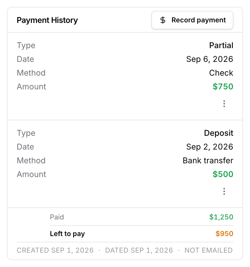 The Payment History card on an invoice, listing each payment by type, date, method, and amount, over Paid and Left to pay.