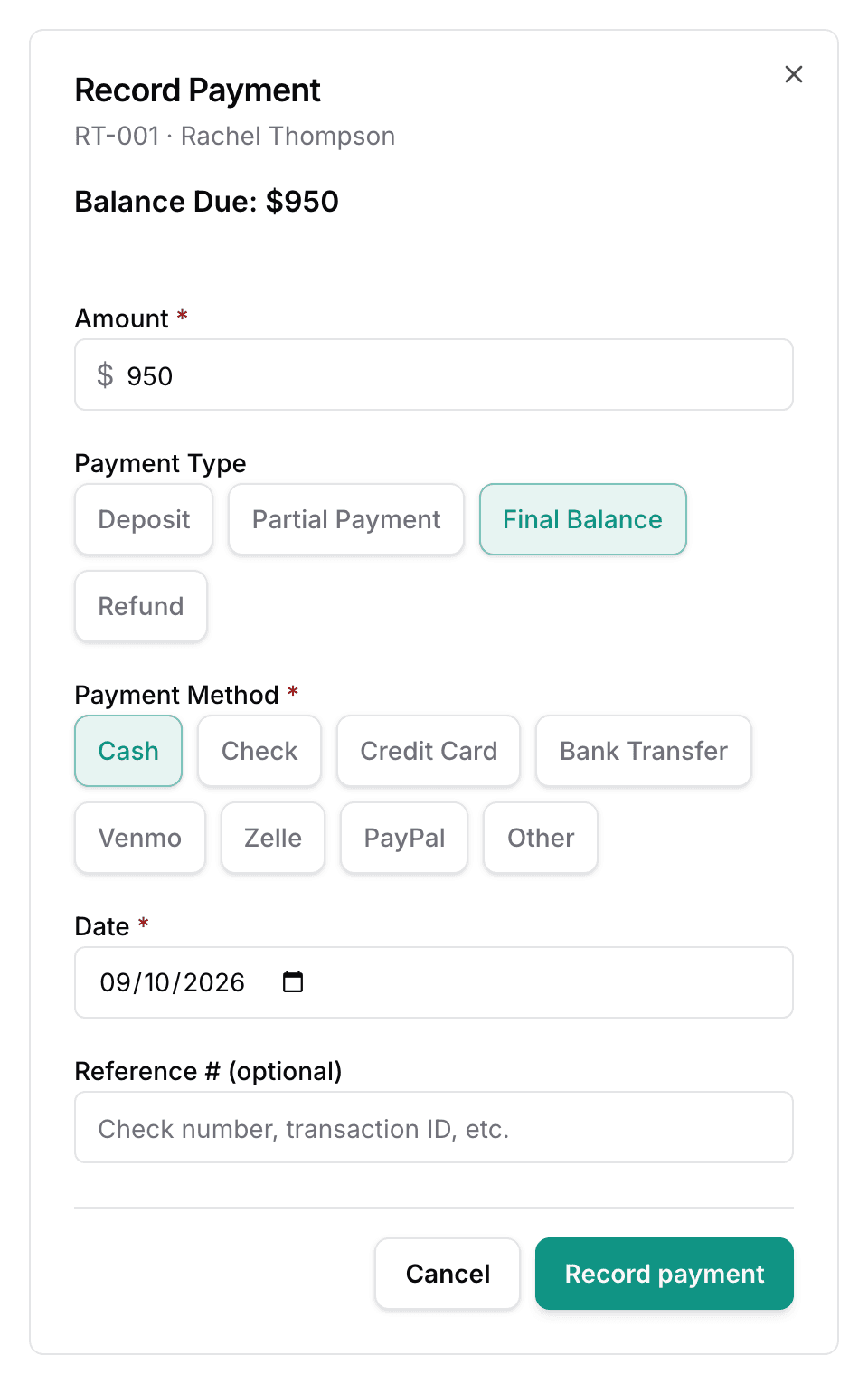 The Record Payment dialog: the balance due, an amount, payment type and method chips, a date, and a reference number.