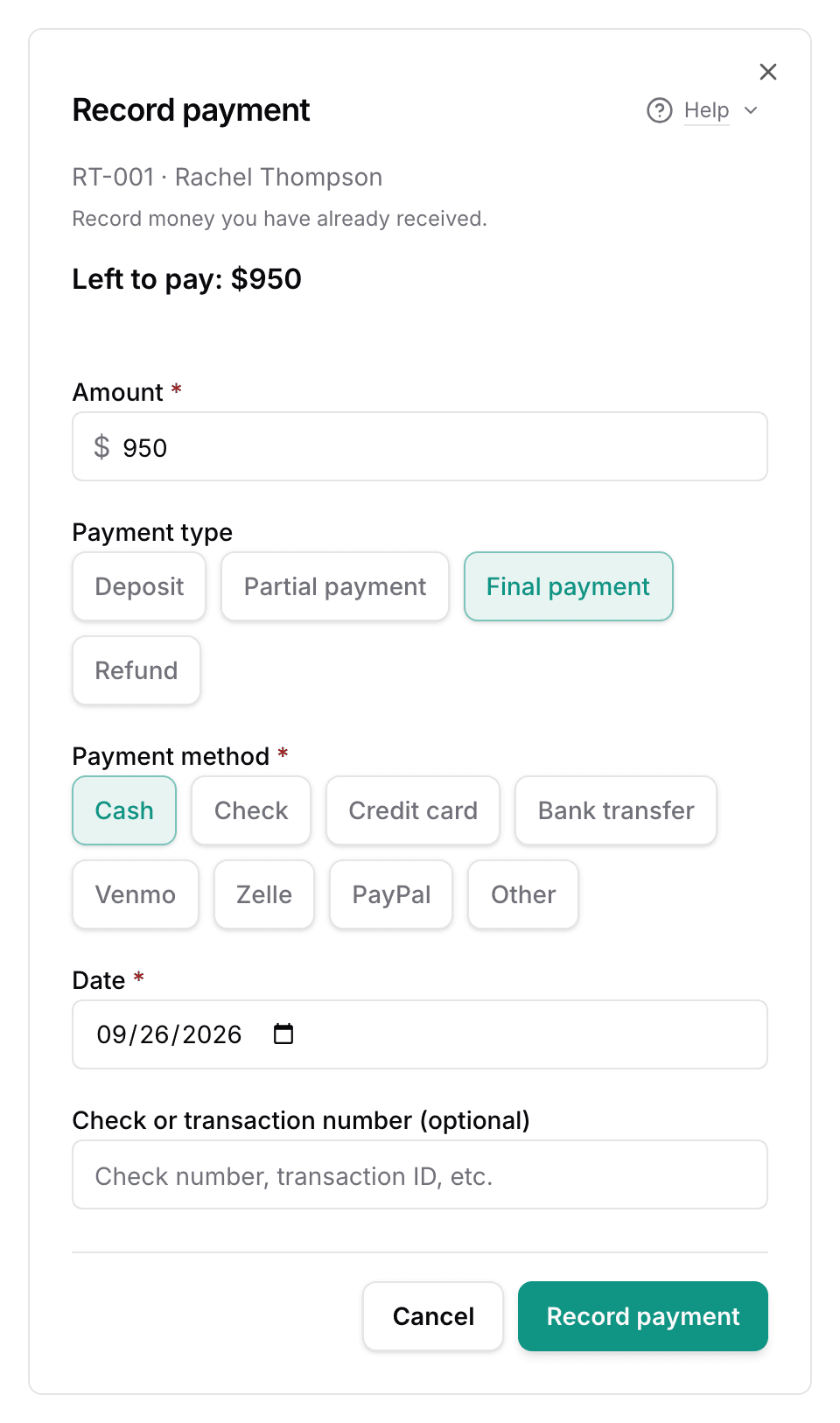 The Record payment dialog: Left to pay, the amount, payment type and method chips, the date, and an optional check or transaction number.