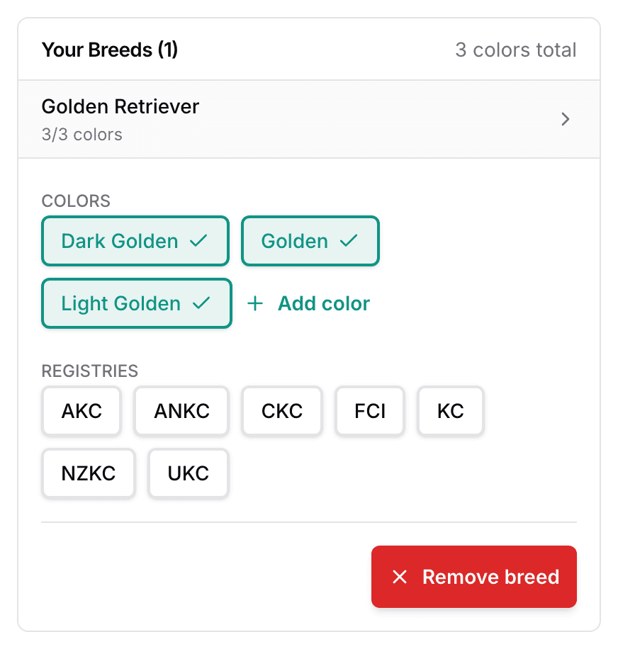Settings, Breeds: the Golden Retriever row open, with its COLORS chips, its REGISTRIES chips, and a Remove breed button.