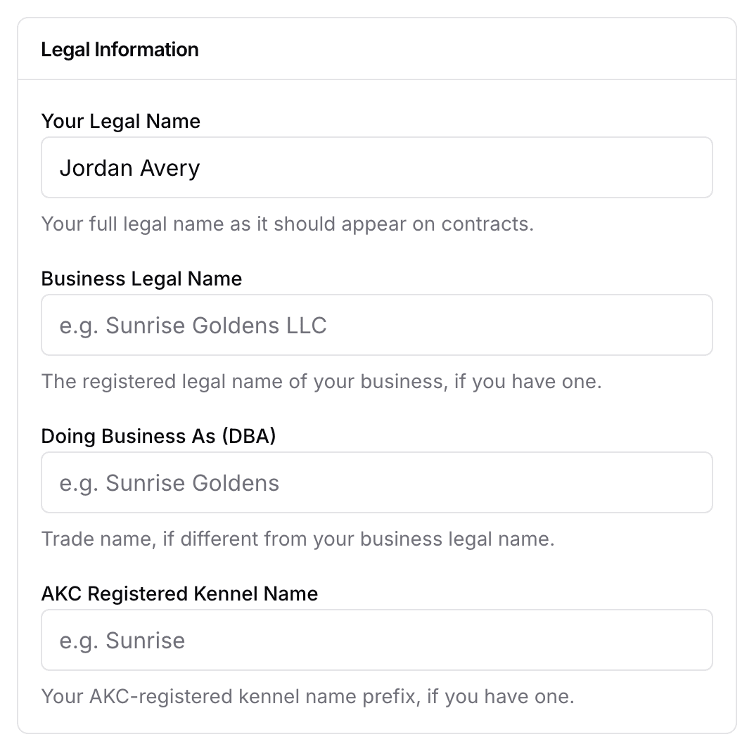 The Legal Information card: Your Legal Name, Business Legal Name, Doing Business As (DBA), and AKC Registered Kennel Name.